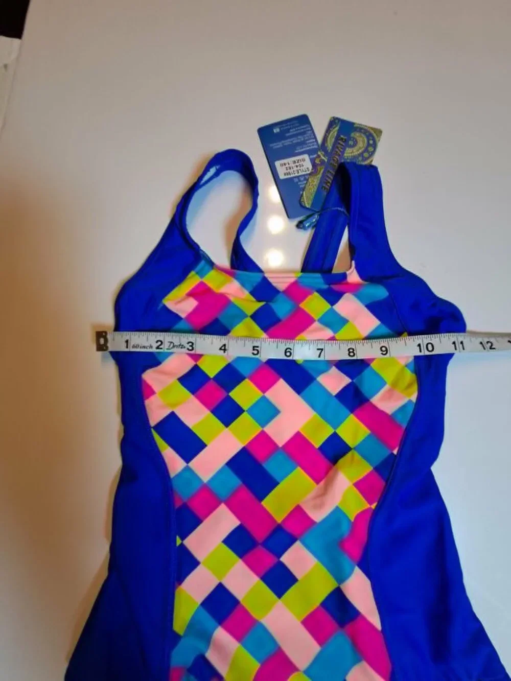 Girls Blue One Piece Swimsuit M 9-11 Colorful Print